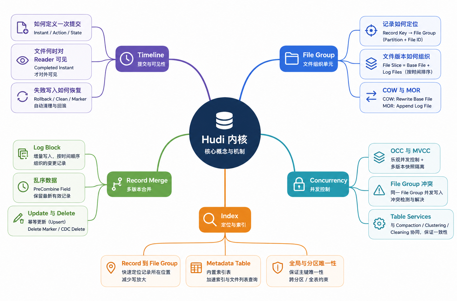 Hudi 内核围绕 Timeline、File Group、Index 与 Table Services 协同工作