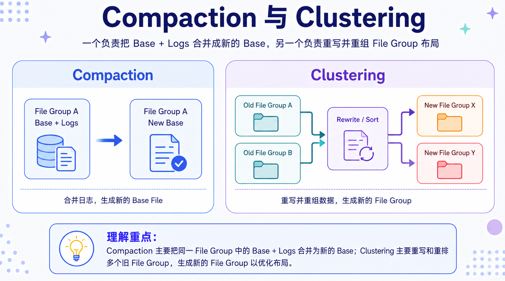 Compaction 在 File Group 内物化 Log,Clustering 则重组 File Group